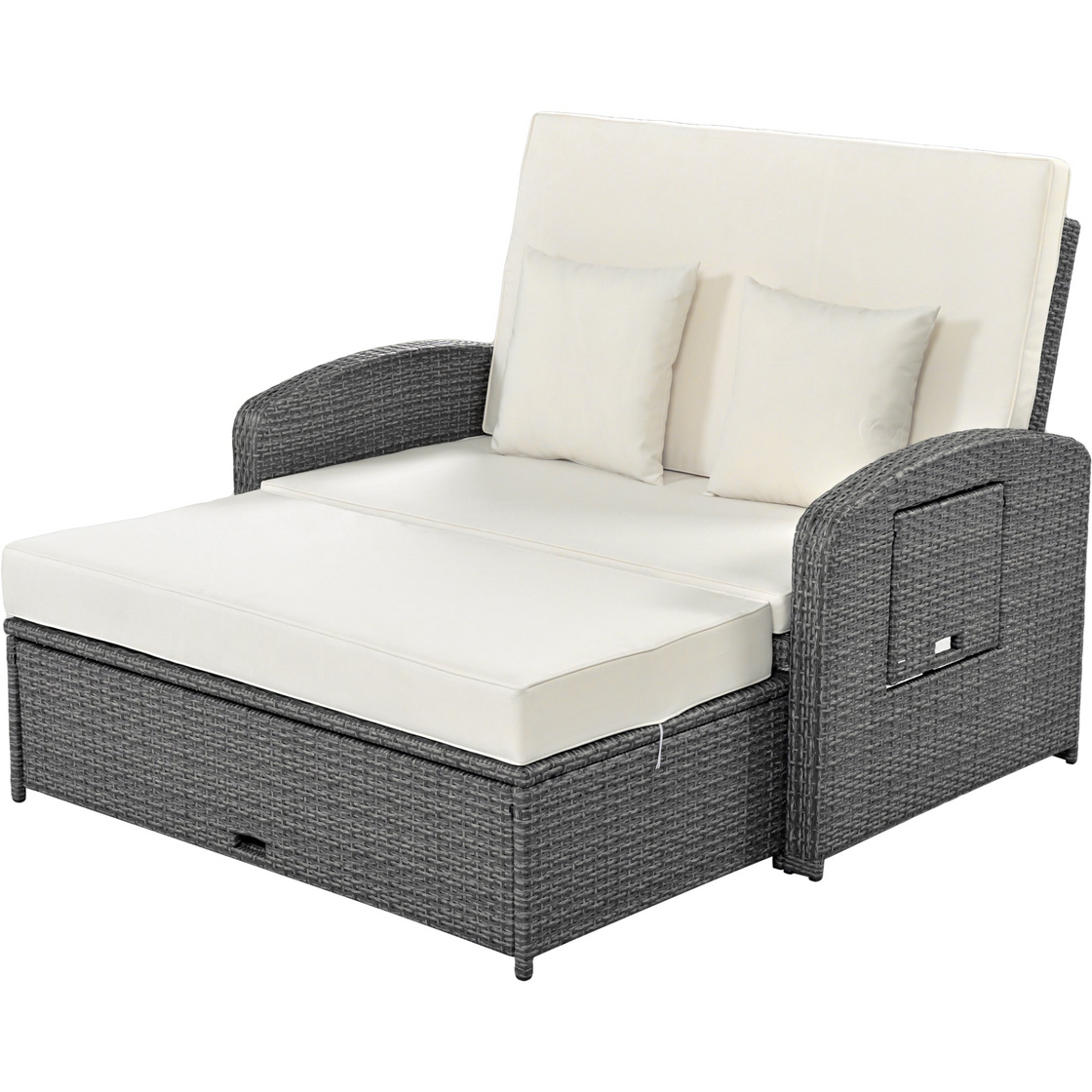 PE Wicker Rattan Double Chaise Lounge, 2-Person Reclining Daybed with Adjustable Back and Cushions, Free Furniture Protection Cover, White