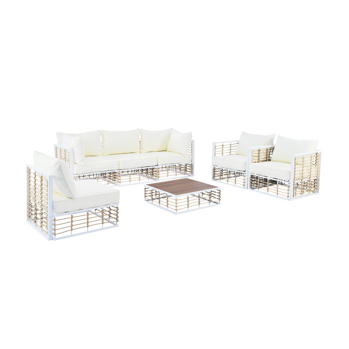 Modern Minimalist 7-Piece Metal Patio Sectional Sofa Set, All-Weather Garden Conversational Furniture Set with Thick Cushions and Coffee Table for Indoor Outdoor, White