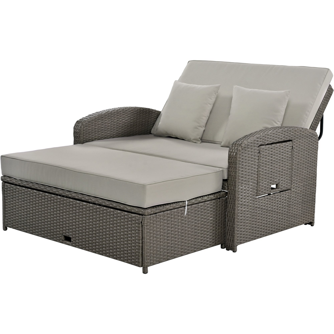 PE Wicker Rattan Double Chaise Lounge, 2-Person Reclining Daybed with Adjustable Back and Cushions, Free Furniture Protection Cover,Gray