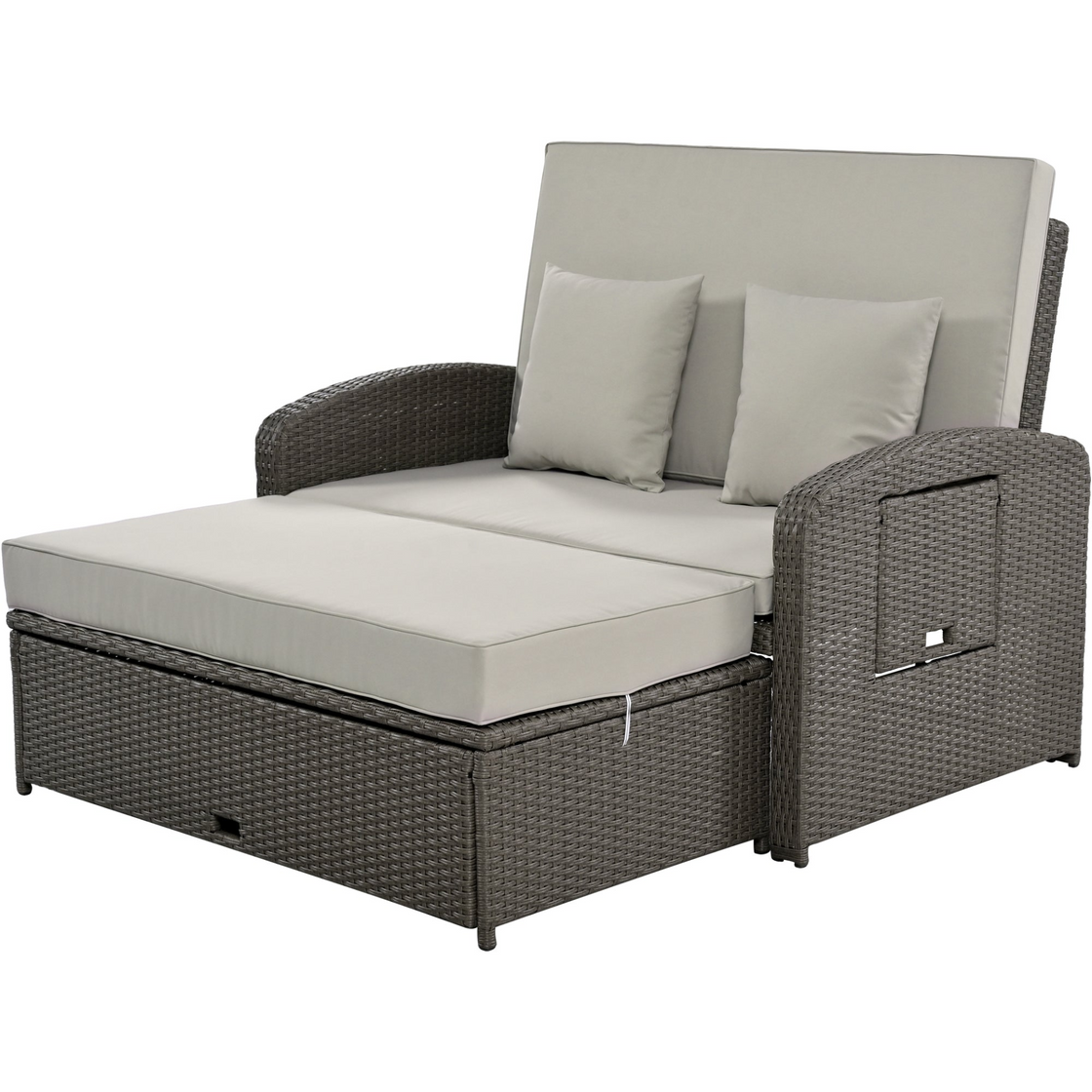 PE Wicker Rattan Double Chaise Lounge, 2-Person Reclining Daybed with Adjustable Back and Cushions, Free Furniture Protection Cover,Gray