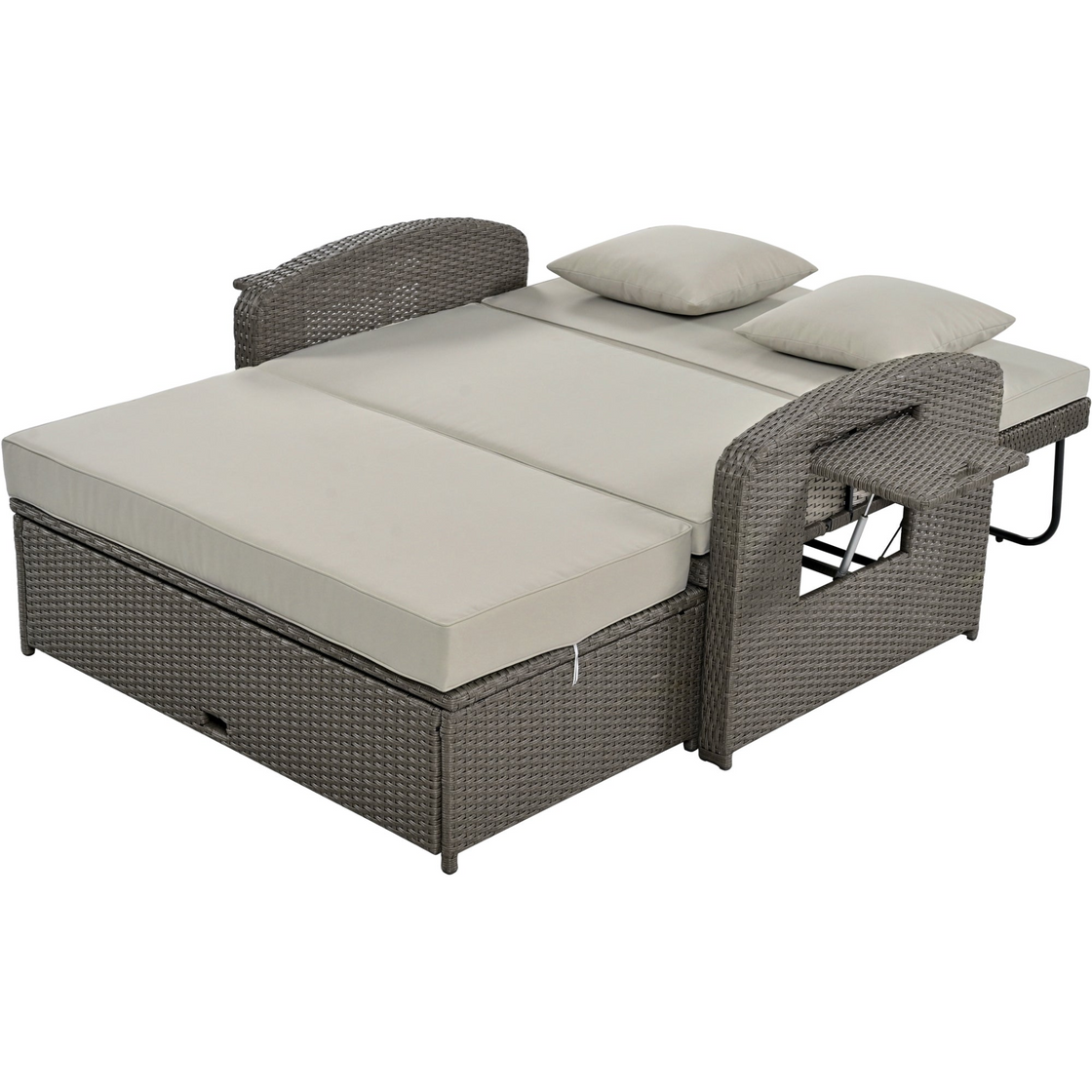 PE Wicker Rattan Double Chaise Lounge, 2-Person Reclining Daybed with Adjustable Back and Cushions, Free Furniture Protection Cover,Gray