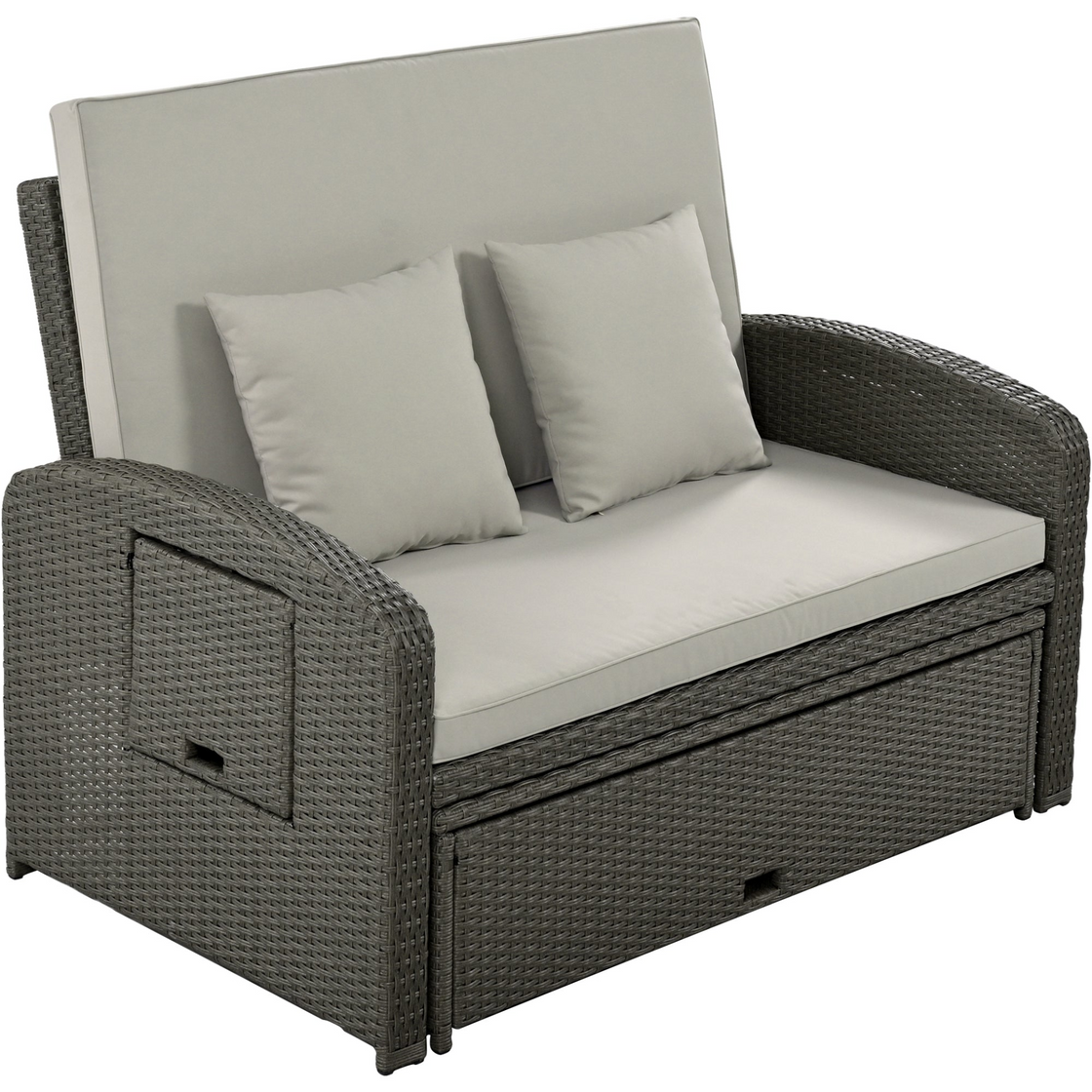 PE Wicker Rattan Double Chaise Lounge, 2-Person Reclining Daybed with Adjustable Back and Cushions, Free Furniture Protection Cover,Gray