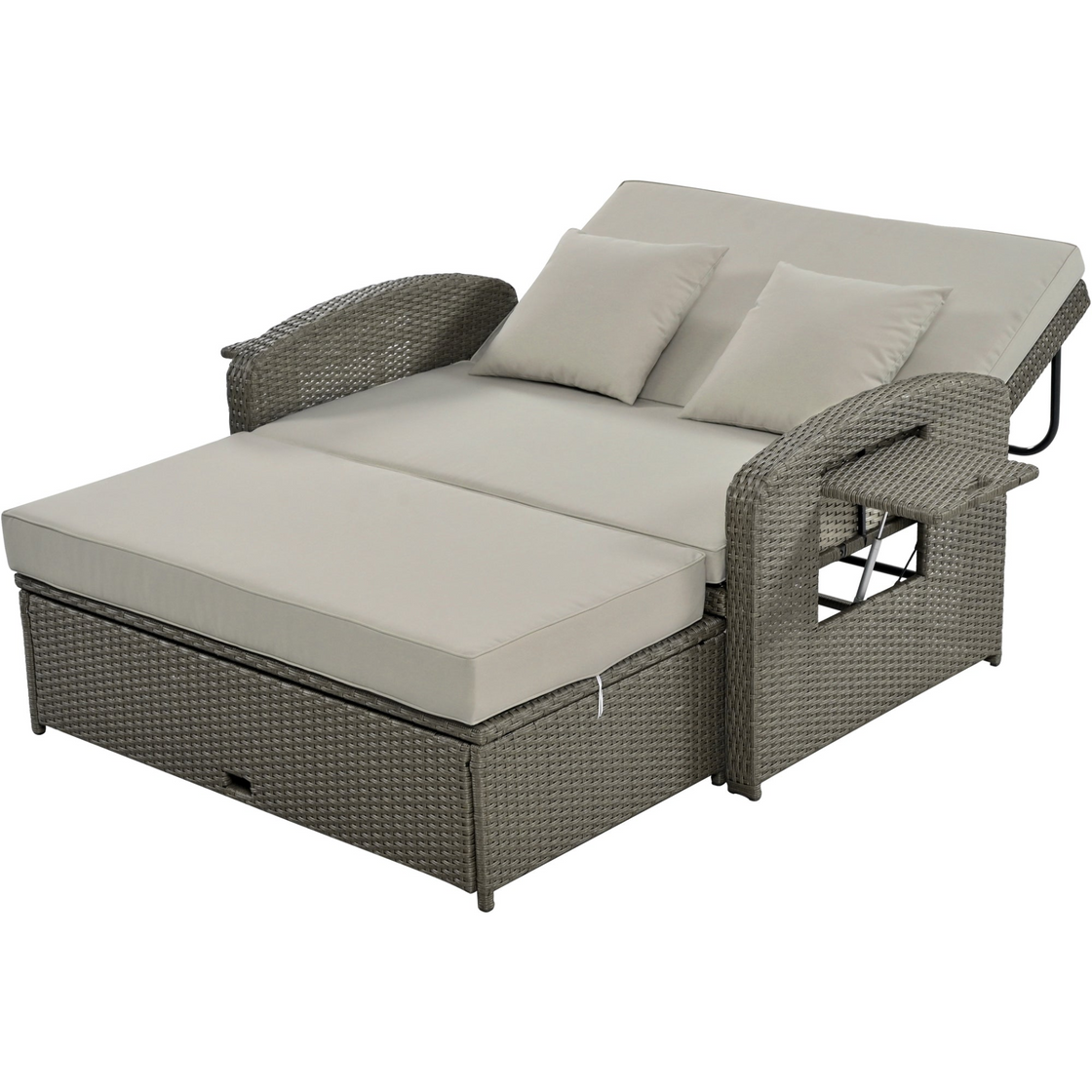 PE Wicker Rattan Double Chaise Lounge, 2-Person Reclining Daybed with Adjustable Back and Cushions, Free Furniture Protection Cover,Gray