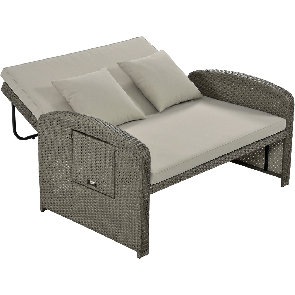 PE Wicker Rattan Double Chaise Lounge, 2-Person Reclining Daybed with Adjustable Back and Cushions, Free Furniture Protection Cover,Gray