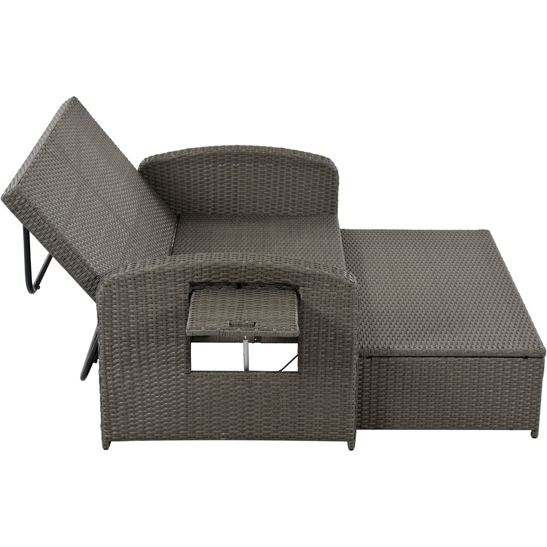 PE Wicker Rattan Double Chaise Lounge, 2-Person Reclining Daybed with Adjustable Back and Cushions, Free Furniture Protection Cover,Gray