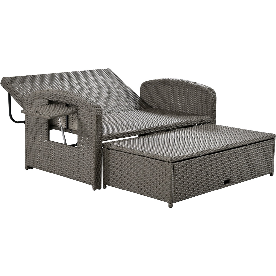 PE Wicker Rattan Double Chaise Lounge, 2-Person Reclining Daybed with Adjustable Back and Cushions, Free Furniture Protection Cover,Gray