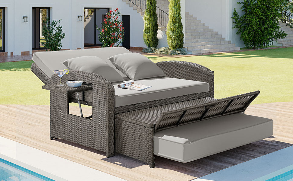 PE Wicker Rattan Double Chaise Lounge, 2-Person Reclining Daybed with Adjustable Back and Cushions, Free Furniture Protection Cover,Gray