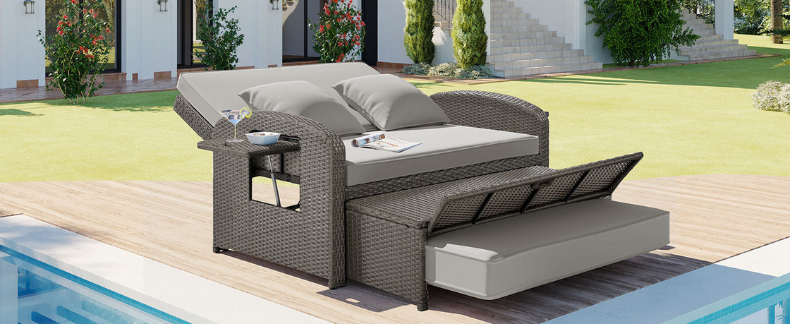 PE Wicker Rattan Double Chaise Lounge, 2-Person Reclining Daybed with Adjustable Back and Cushions, Free Furniture Protection Cover,Gray