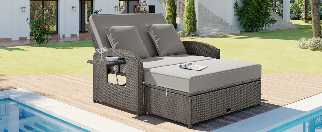 PE Wicker Rattan Double Chaise Lounge, 2-Person Reclining Daybed with Adjustable Back and Cushions, Free Furniture Protection Cover,Gray