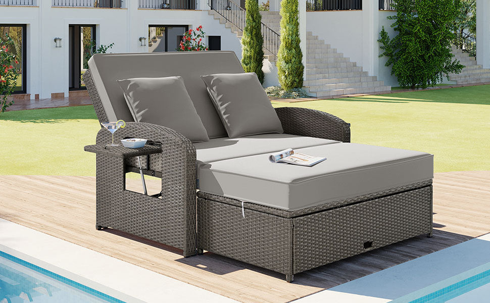 PE Wicker Rattan Double Chaise Lounge, 2-Person Reclining Daybed with Adjustable Back and Cushions, Free Furniture Protection Cover,Gray