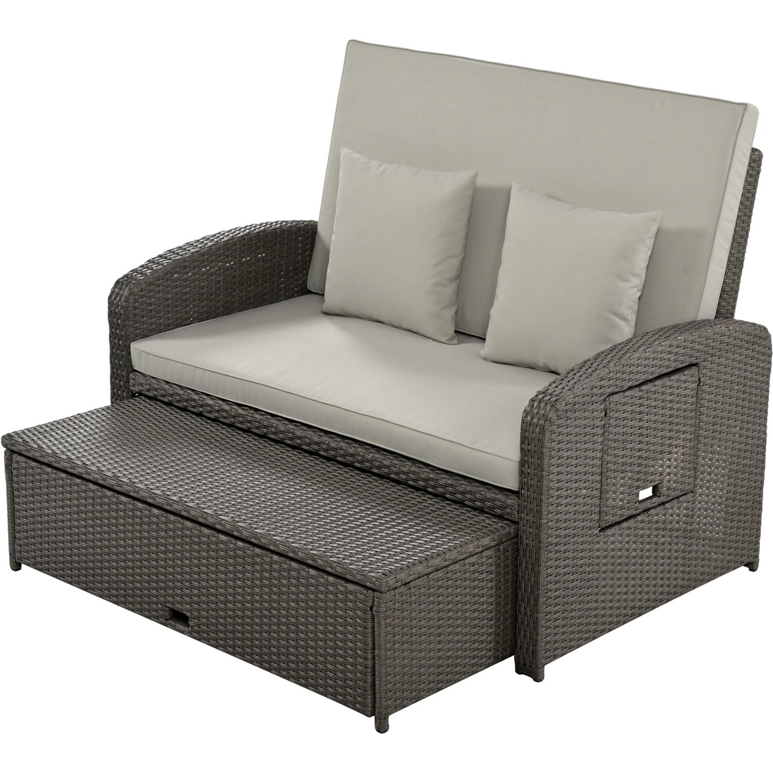 PE Wicker Rattan Double Chaise Lounge, 2-Person Reclining Daybed with Adjustable Back and Cushions, Free Furniture Protection Cover,Gray