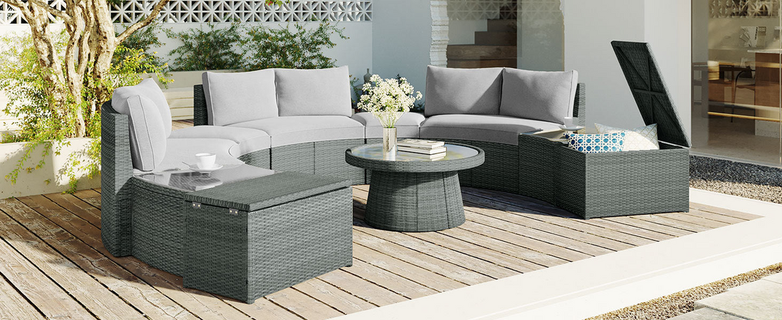 10-Piece Outdoor Sectional Half Round Patio Rattan Sofa Set - Light Gray