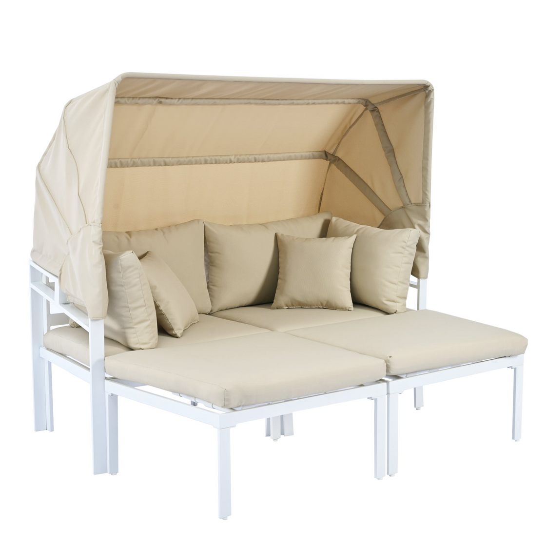 3-Piece Patio Daybed with Retractable Canopy Outdoor Metal Sectional Sofa Set Sun Lounger with Cushions for Backyard, Porch, Poolside, Beige