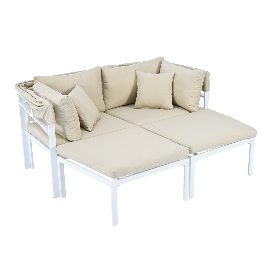 3-Piece Patio Daybed with Retractable Canopy Outdoor Metal Sectional Sofa Set Sun Lounger with Cushions for Backyard, Porch, Poolside, Beige