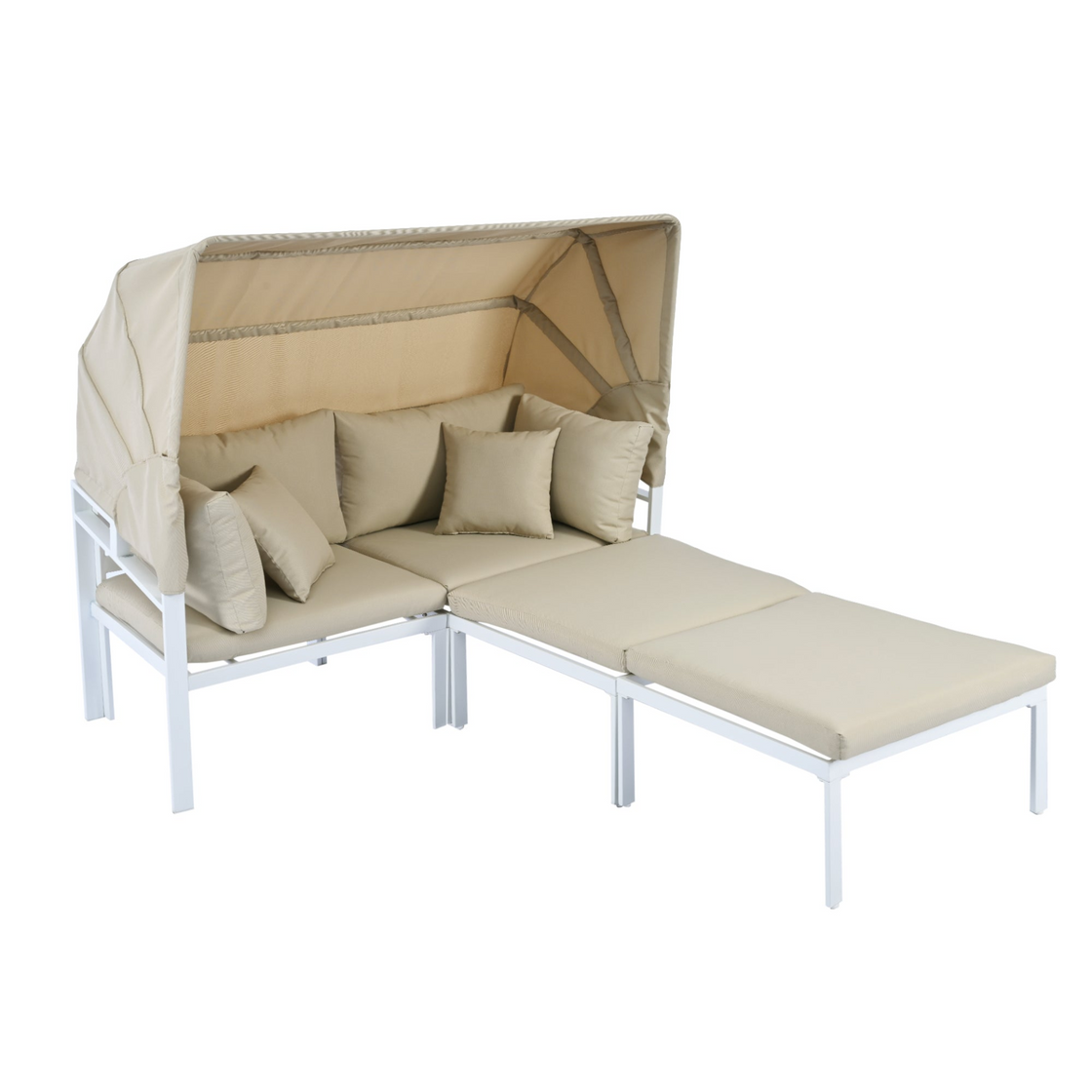 3-Piece Patio Daybed with Retractable Canopy Outdoor Metal Sectional Sofa Set Sun Lounger with Cushions for Backyard, Porch, Poolside, Beige