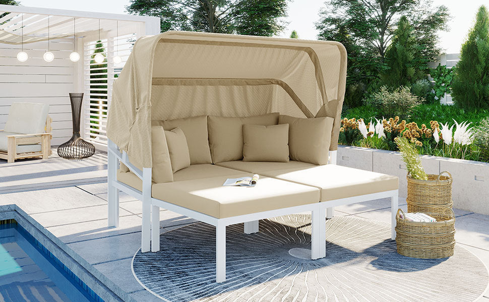 3-Piece Patio Daybed with Retractable Canopy Outdoor Metal Sectional Sofa Set Sun Lounger with Cushions for Backyard, Porch, Poolside, Beige