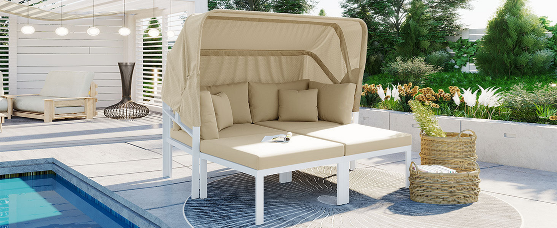 3-Piece Patio Daybed with Retractable Canopy Outdoor Metal Sectional Sofa Set Sun Lounger with Cushions for Backyard, Porch, Poolside, Beige