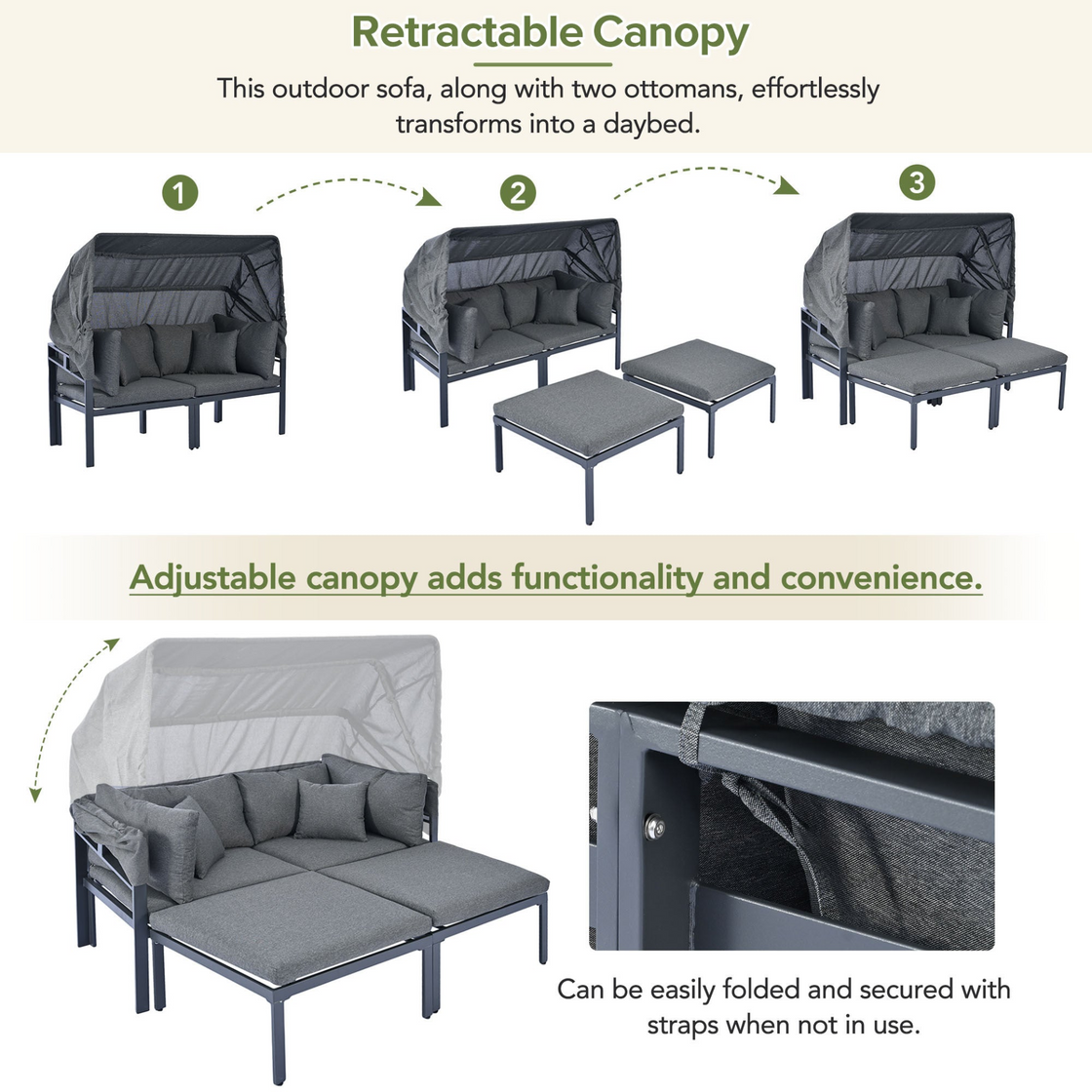 3-Piece Patio Daybed with Retractable Canopy Outdoor Metal Sectional Sofa Set Sun Lounger with Cushions for Backyard, Porch, Poolside,Grey