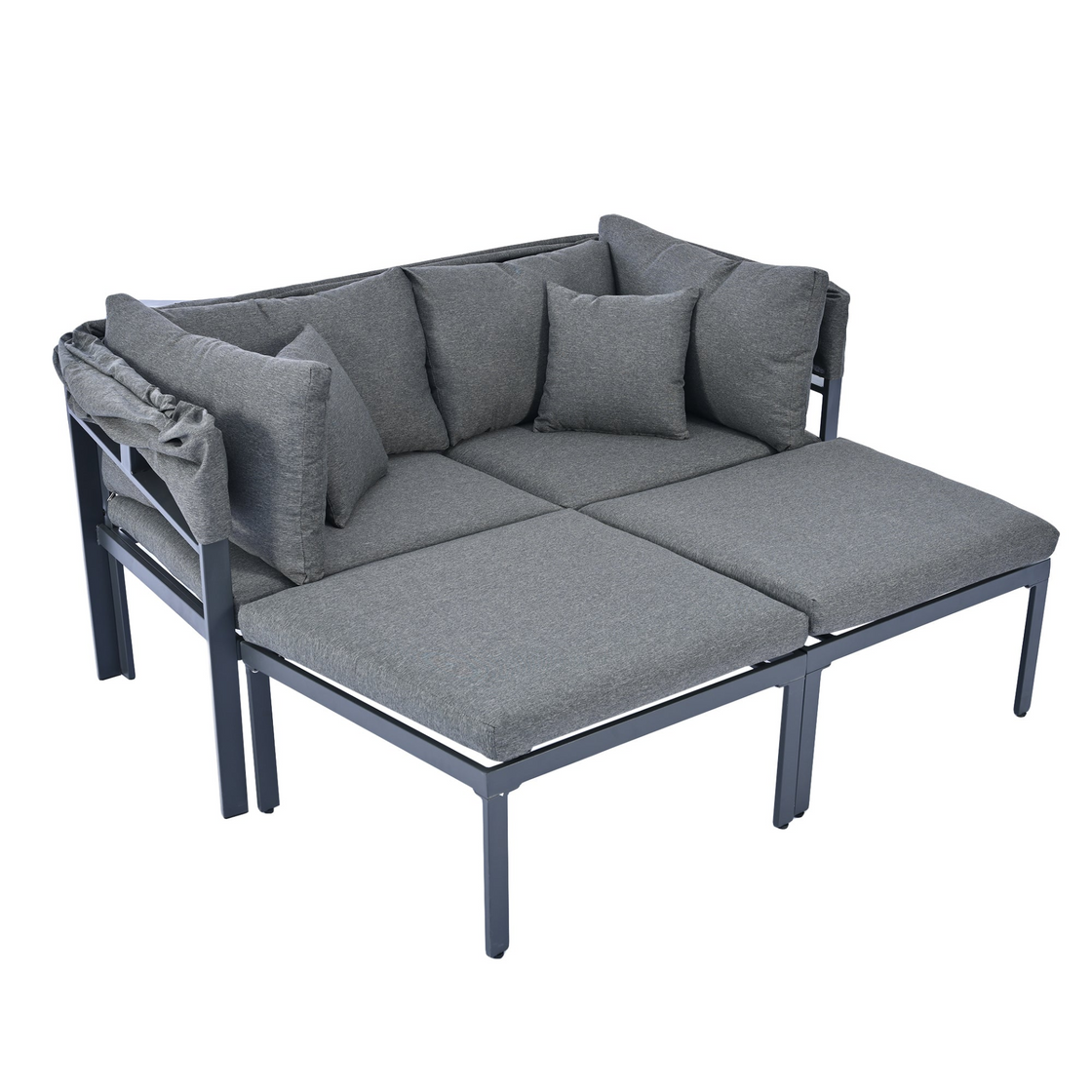 3-Piece Patio Daybed with Retractable Canopy Outdoor Metal Sectional Sofa Set Sun Lounger with Cushions for Backyard, Porch, Poolside,Grey