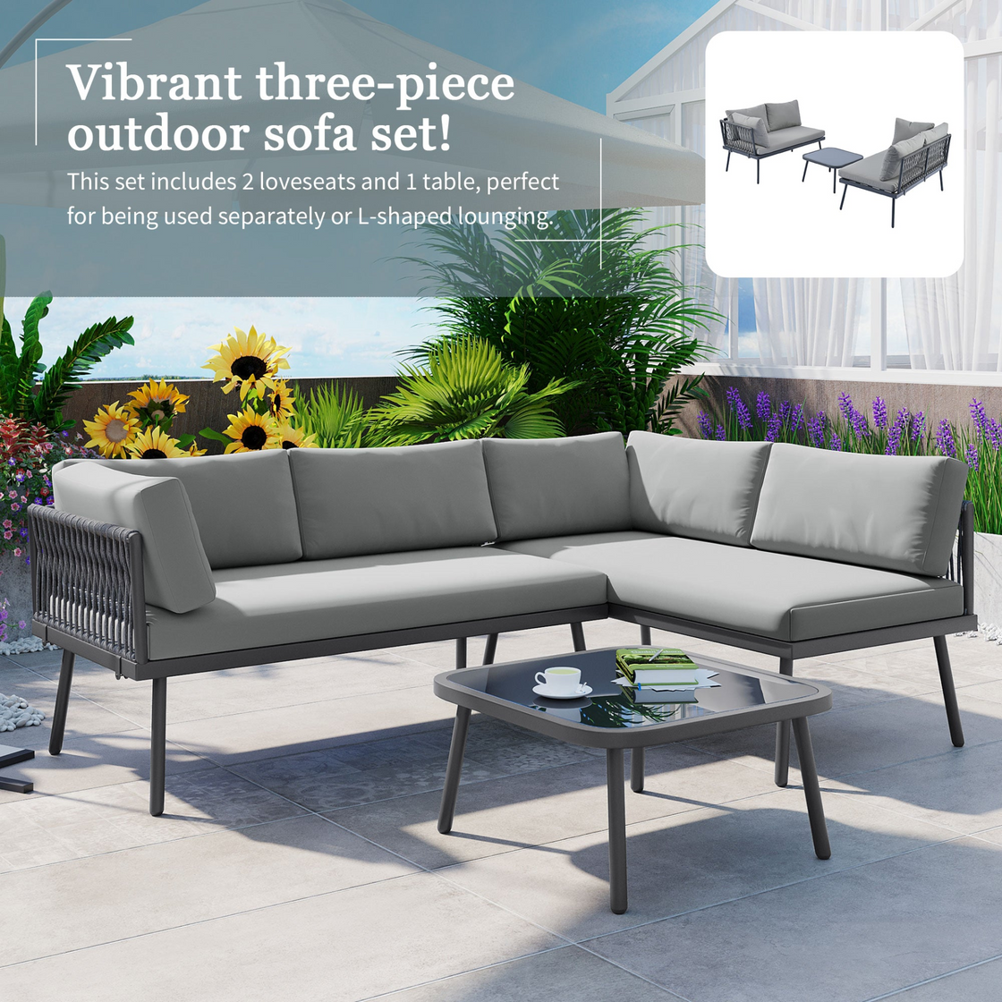 Modern Outdoor 3-Piece PE Rattan Sofa Set - All Weather Patio Metal Sectional Furniture Set with Cushions and Glass Table - Gray, L-Shaped