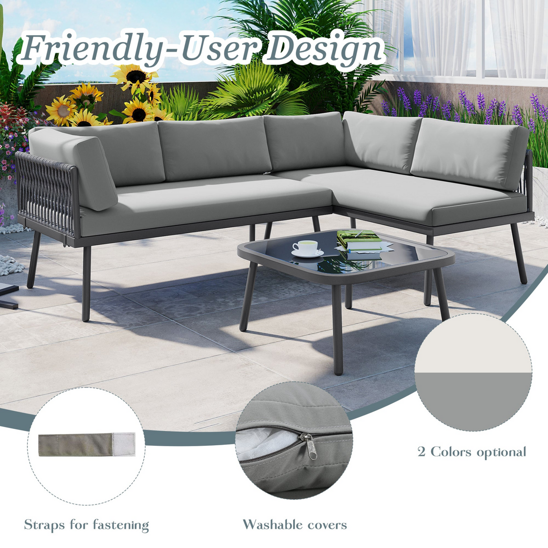 Modern Outdoor 3-Piece PE Rattan Sofa Set - All Weather Patio Metal Sectional Furniture Set with Cushions and Glass Table - Gray, L-Shaped