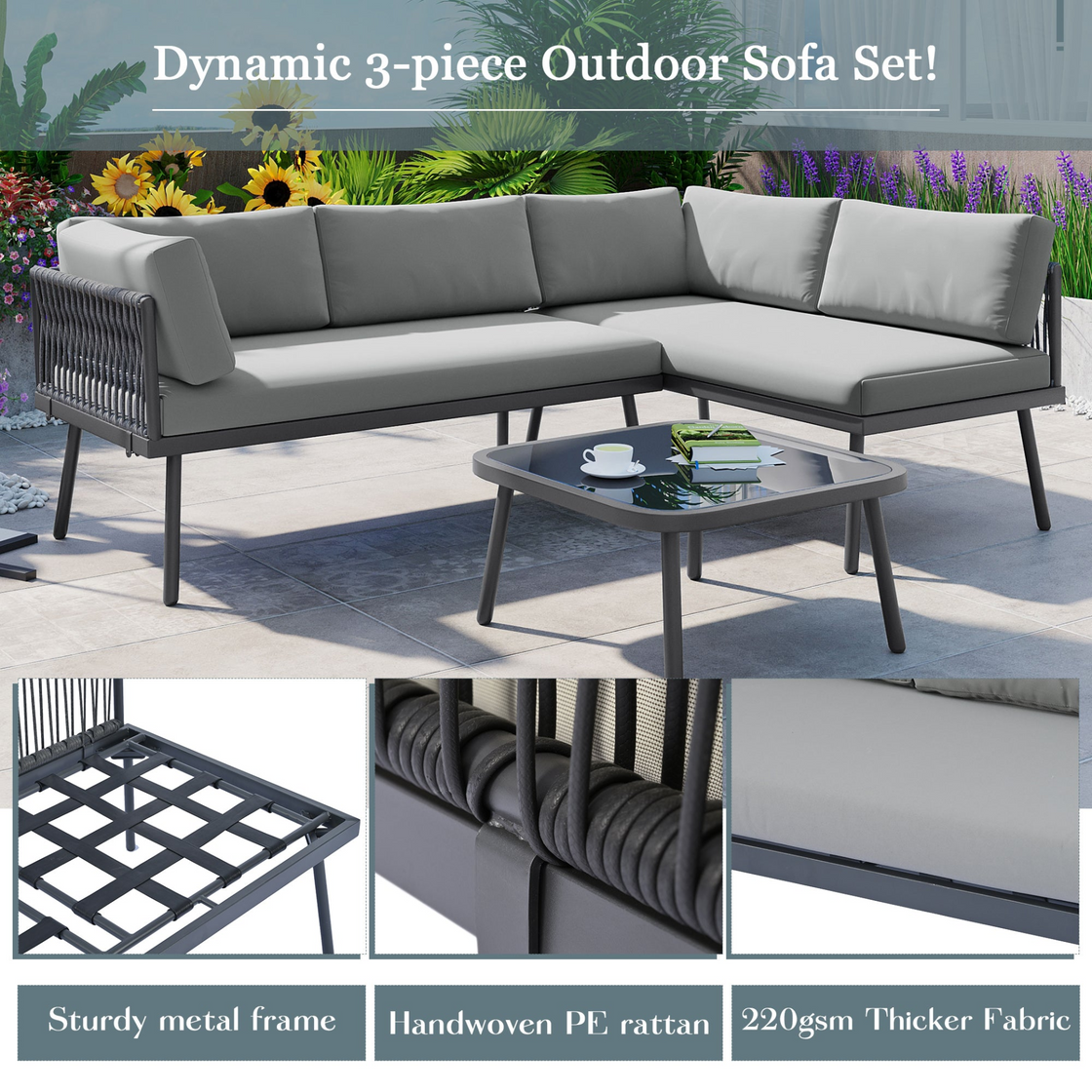 Modern Outdoor 3-Piece PE Rattan Sofa Set - All Weather Patio Metal Sectional Furniture Set with Cushions and Glass Table - Gray, L-Shaped