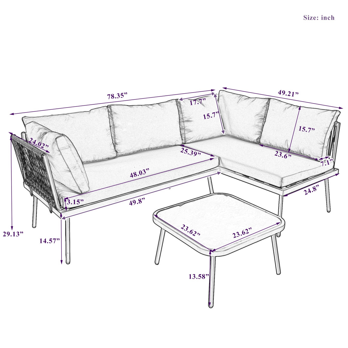 Modern Outdoor 3-Piece PE Rattan Sofa Set - All Weather Patio Metal Sectional Furniture Set with Cushions and Glass Table - Gray, L-Shaped