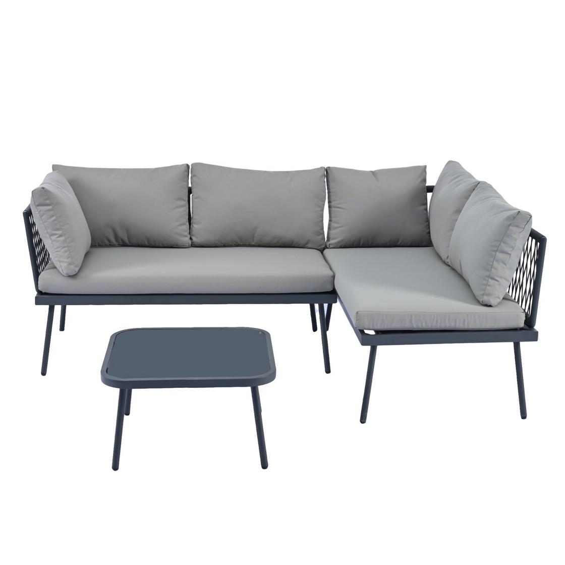 Modern Outdoor 3-Piece PE Rattan Sofa Set - All Weather Patio Metal Sectional Furniture Set with Cushions and Glass Table - Gray, L-Shaped