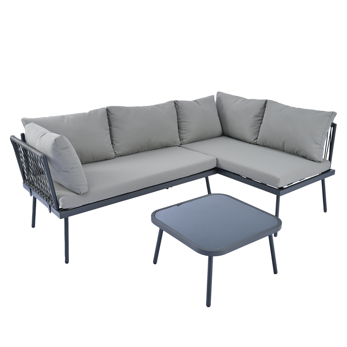 Modern Outdoor 3-Piece PE Rattan Sofa Set - All Weather Patio Metal Sectional Furniture Set with Cushions and Glass Table - Gray, L-Shaped