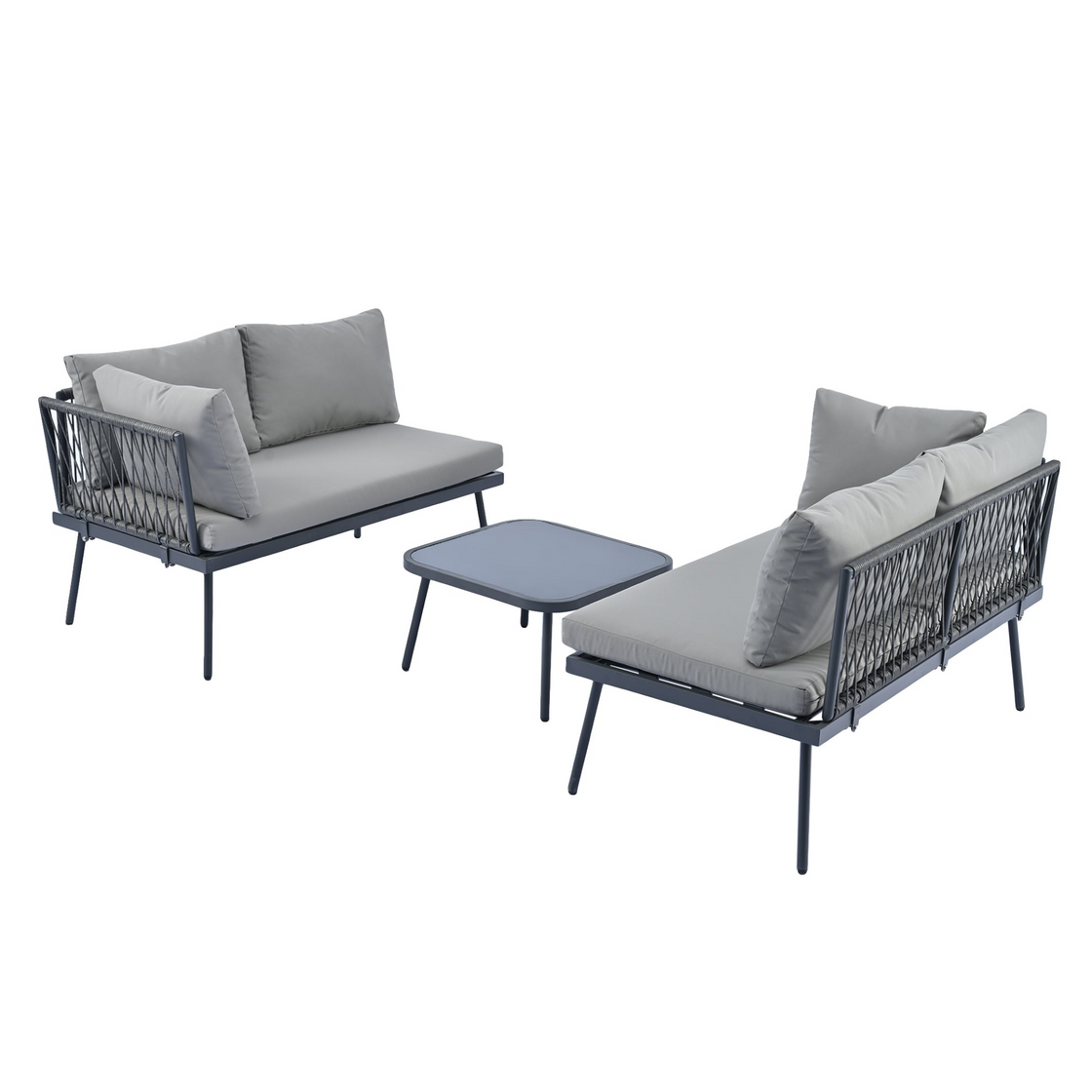 Modern Outdoor 3-Piece PE Rattan Sofa Set - All Weather Patio Metal Sectional Furniture Set with Cushions and Glass Table - Gray, L-Shaped