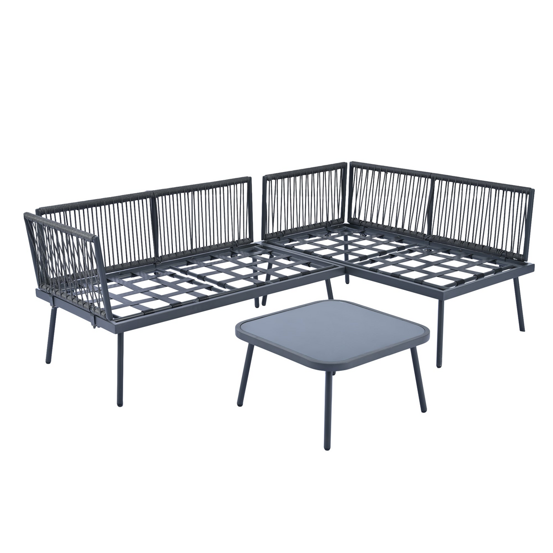 Modern Outdoor 3-Piece PE Rattan Sofa Set - All Weather Patio Metal Sectional Furniture Set with Cushions and Glass Table - Gray, L-Shaped