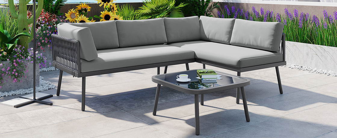 Modern Outdoor 3-Piece PE Rattan Sofa Set - All Weather Patio Metal Sectional Furniture Set with Cushions and Glass Table - Gray, L-Shaped