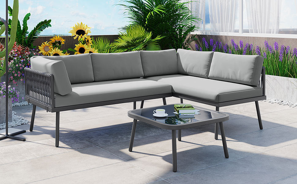 Modern Outdoor 3-Piece PE Rattan Sofa Set - All Weather Patio Metal Sectional Furniture Set with Cushions and Glass Table - Gray, L-Shaped