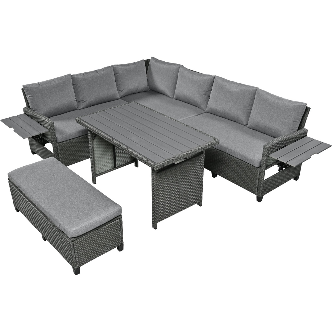 5-Piece Outdoor Patio Rattan Sofa Set | Sectional PE Wicker L-Shaped Garden Furniture Set | Extendable Side Tables, Dining Table, Washable Covers | Gray