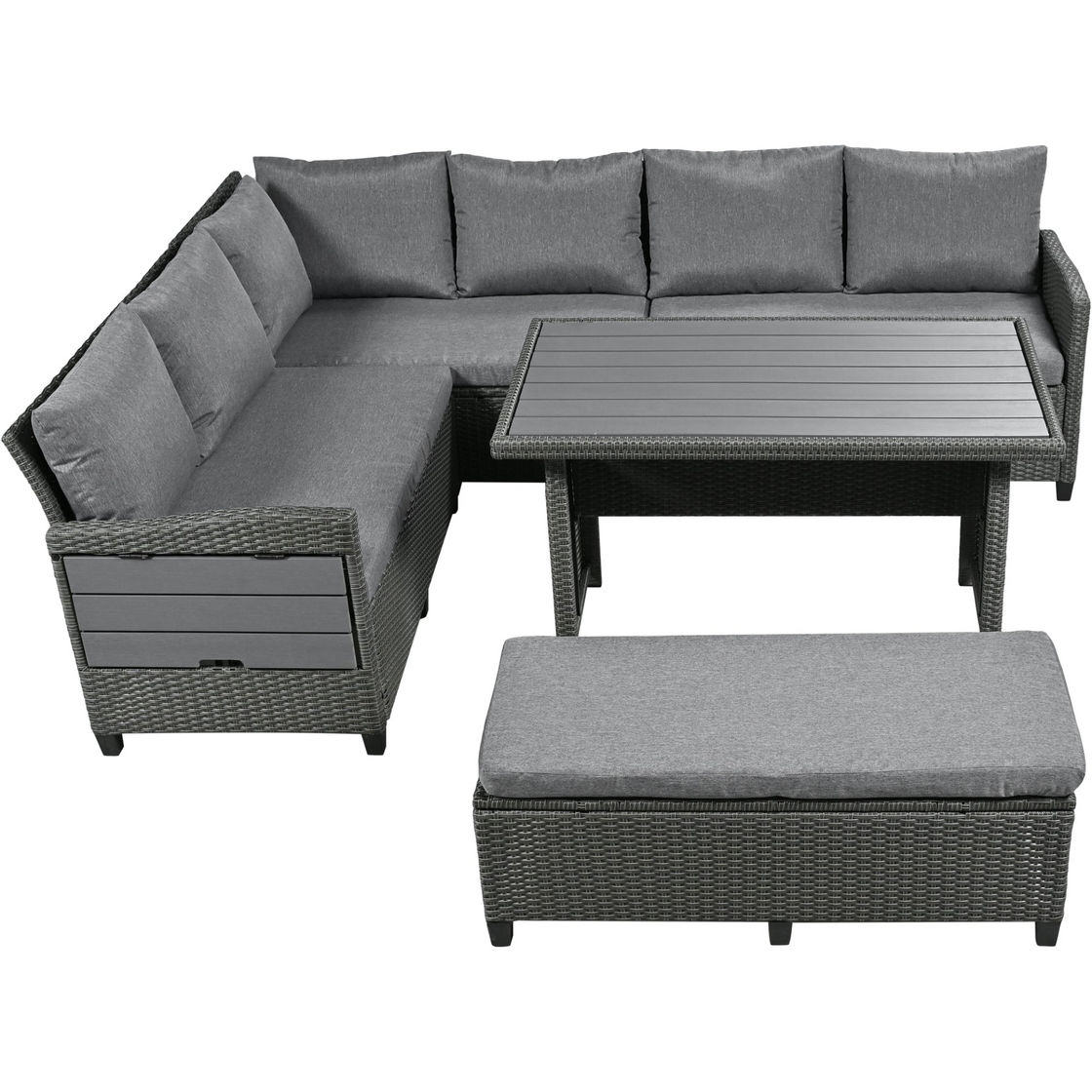 5-Piece Outdoor Patio Rattan Sofa Set | Sectional PE Wicker L-Shaped Garden Furniture Set | Extendable Side Tables, Dining Table, Washable Covers | Gray