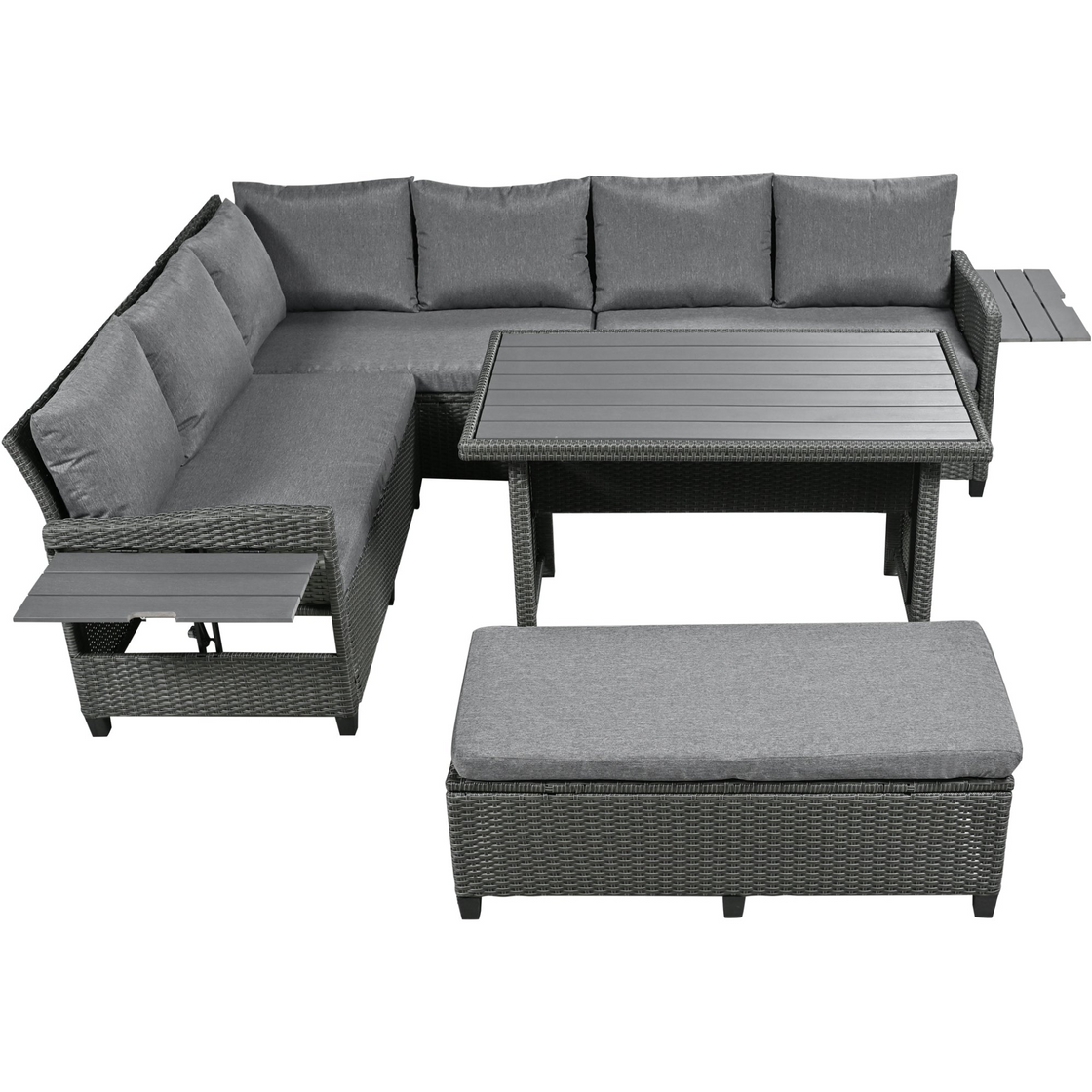 5-Piece Outdoor Patio Rattan Sofa Set | Sectional PE Wicker L-Shaped Garden Furniture Set | Extendable Side Tables, Dining Table, Washable Covers | Gray