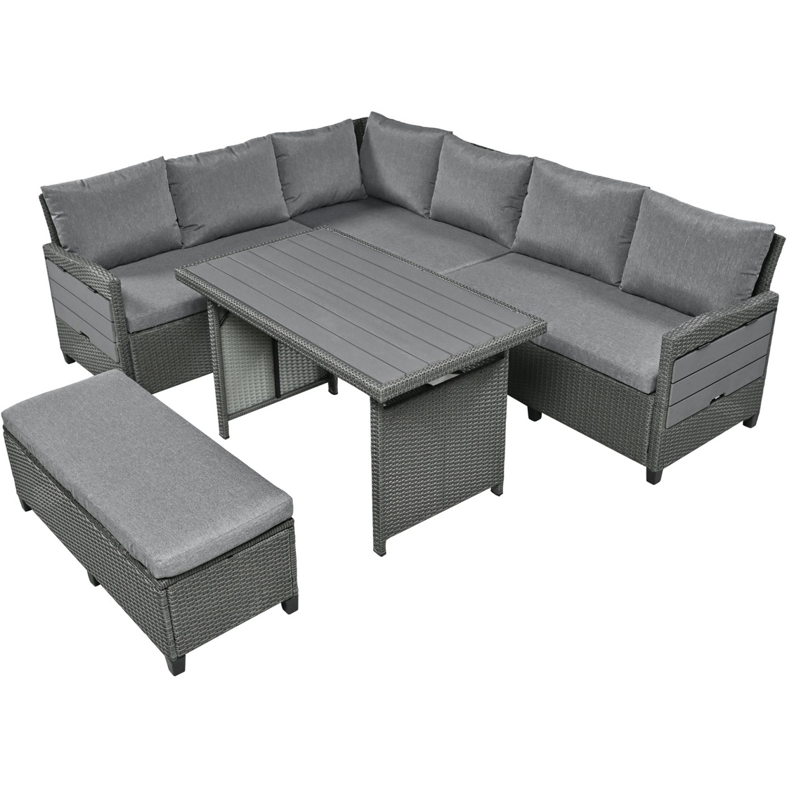 5-Piece Outdoor Patio Rattan Sofa Set | Sectional PE Wicker L-Shaped Garden Furniture Set | Extendable Side Tables, Dining Table, Washable Covers | Gray