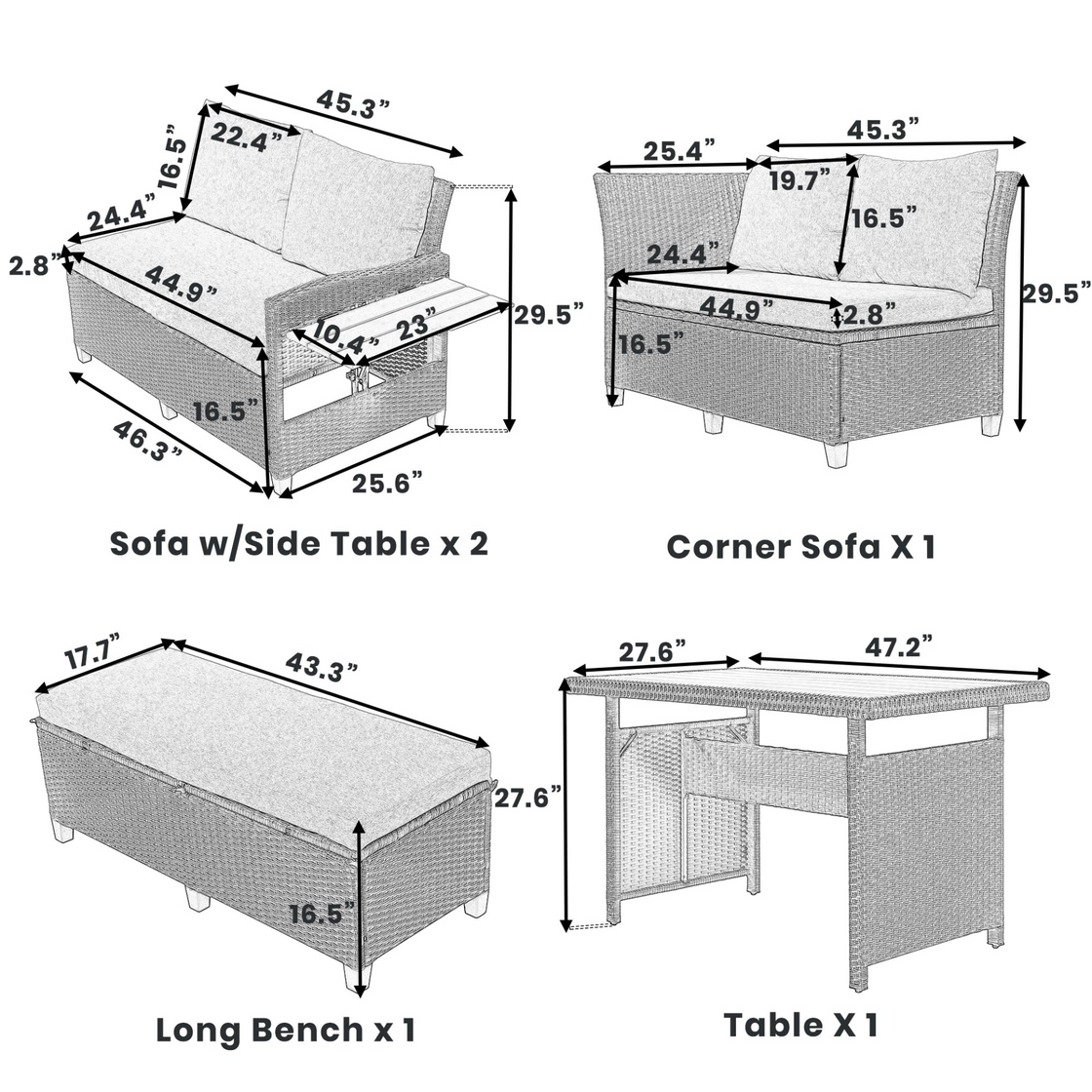 5-Piece Outdoor Patio Rattan Sofa Set | Sectional PE Wicker L-Shaped Garden Furniture Set | Extendable Side Tables, Dining Table, Washable Covers | Gray