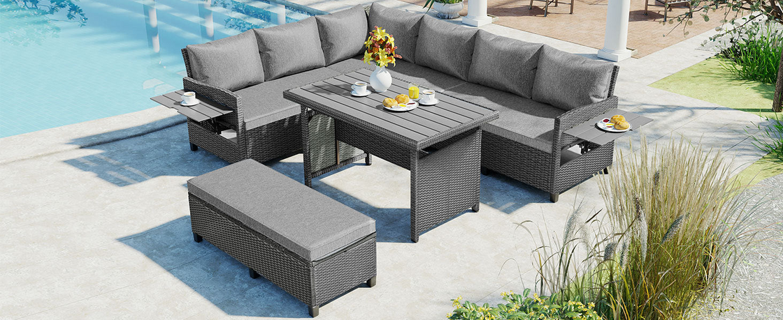 5-Piece Outdoor Patio Rattan Sofa Set | Sectional PE Wicker L-Shaped Garden Furniture Set | Extendable Side Tables, Dining Table, Washable Covers | Gray