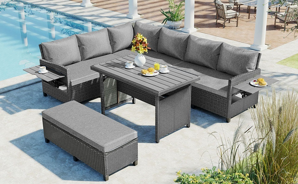 5-Piece Outdoor Patio Rattan Sofa Set | Sectional PE Wicker L-Shaped Garden Furniture Set | Extendable Side Tables, Dining Table, Washable Covers | Gray