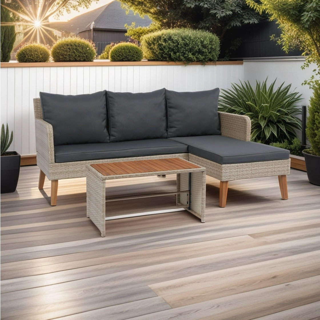 3 Piece Patio Sectional Wicker Rattan Outdoor Furniture Sofa Set - Natural Yellow Wicker + Dark Grey Cushion