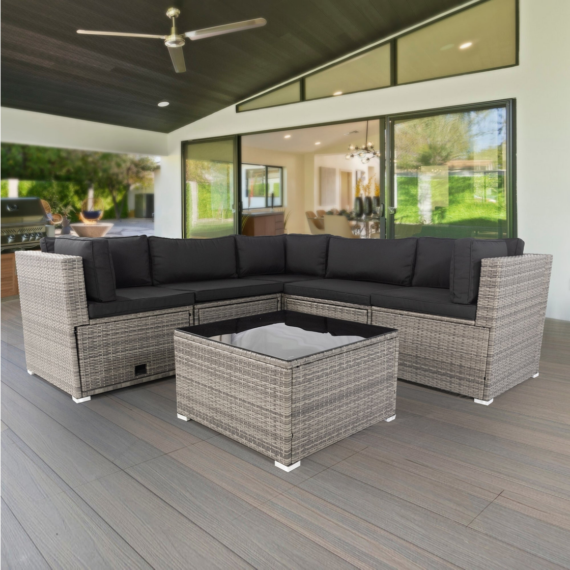 6-Piece PE Rattan Sectional Outdoor Furniture Cushioned Sofa Set - Grey