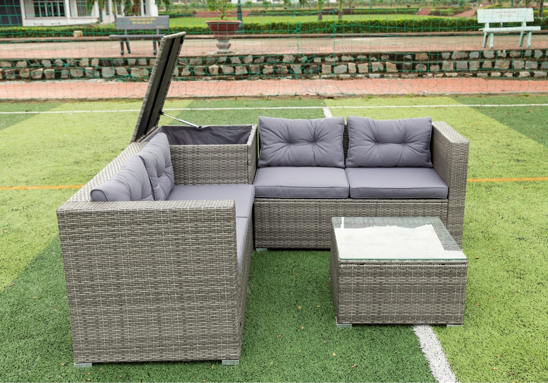 4 Piece Patio Sectional Wicker Rattan Outdoor Furniture Sofa Set with Storage Box - Grey | High-Quality, Comfortable, and Stylish