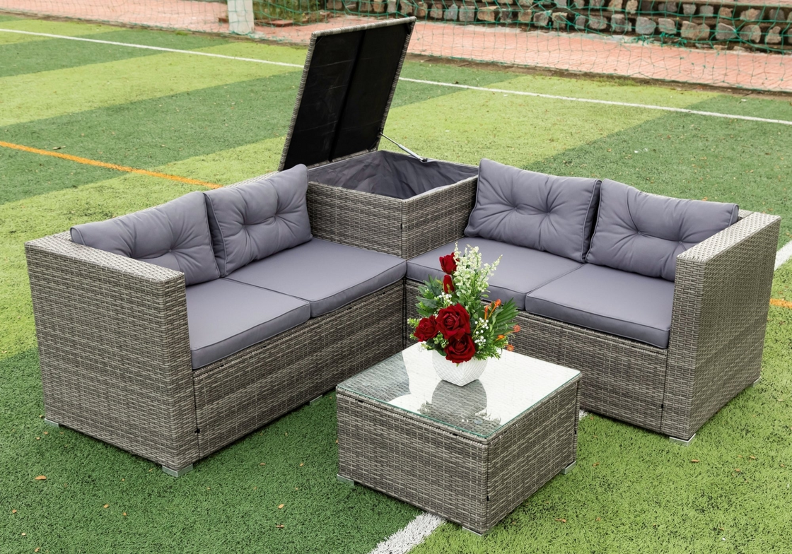 4 Piece Patio Sectional Wicker Rattan Outdoor Furniture Sofa Set with Storage Box - Grey | High-Quality, Comfortable, and Stylish