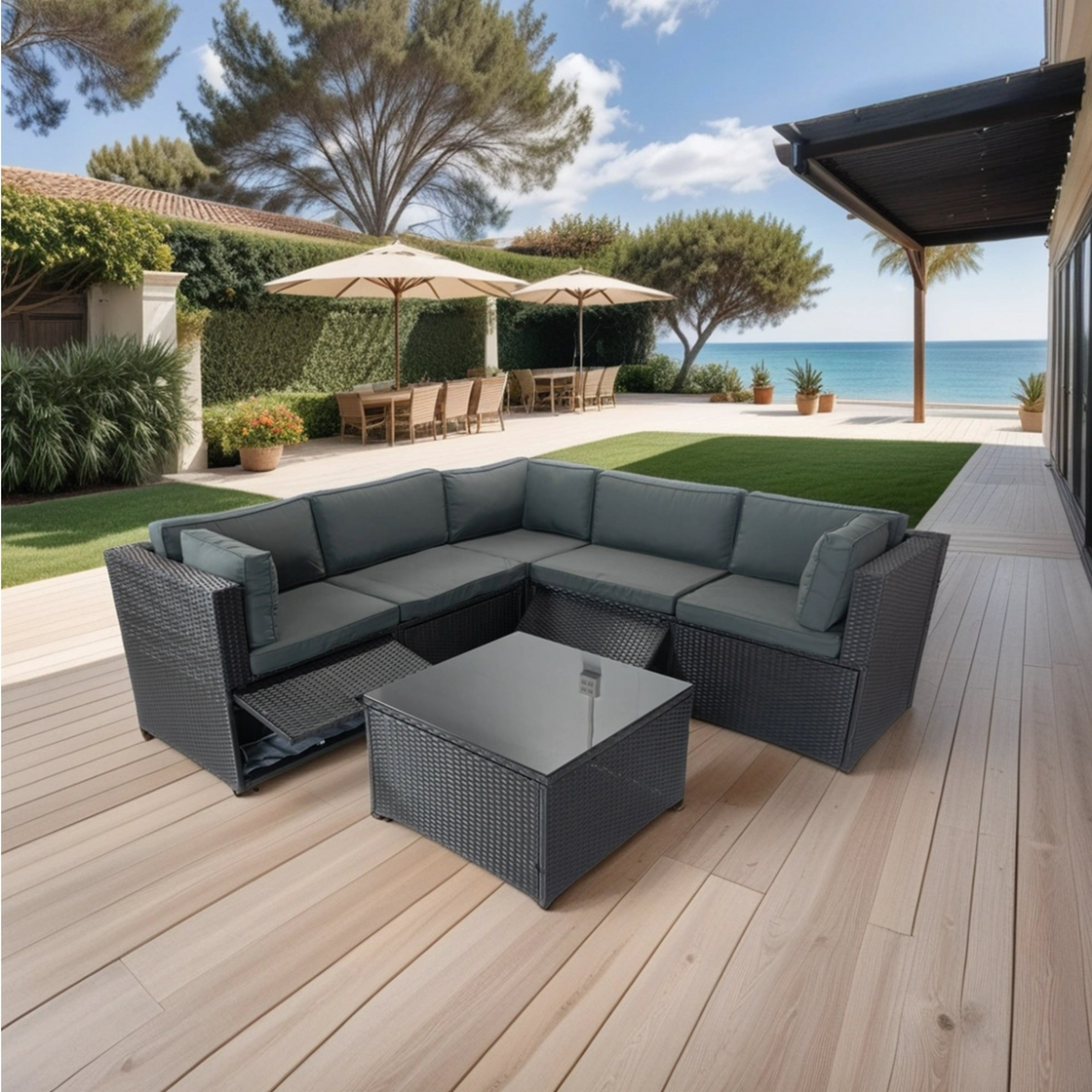 6 Pieces PE Rattan sectional Outdoor Furniture Cushioned  Sofa Set with 3 Storage Under Seat Black Wicker + Dark Grey Cushion