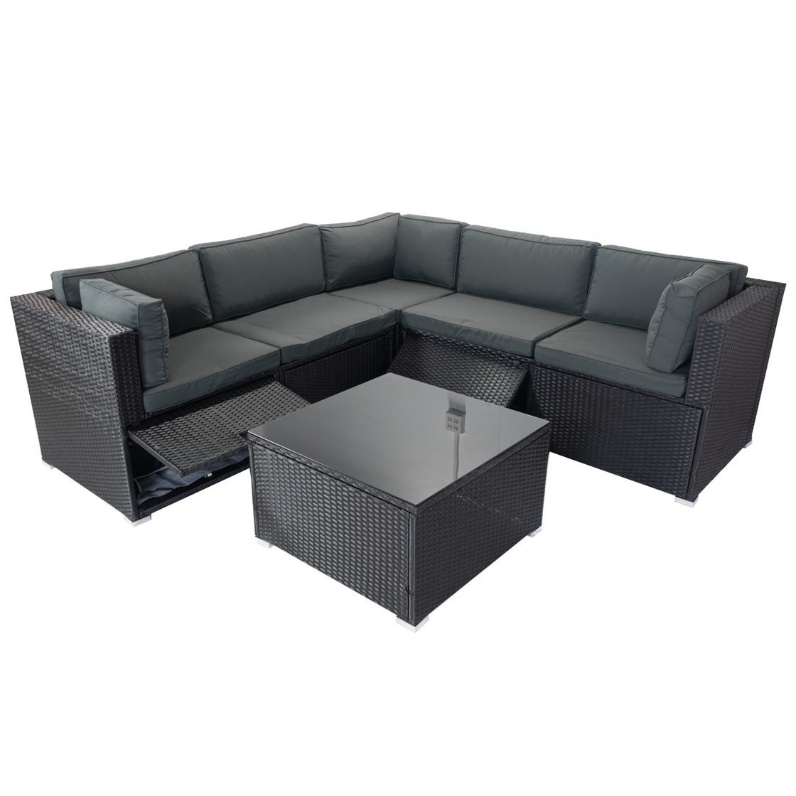 6 Pieces PE Rattan sectional Outdoor Furniture Cushioned  Sofa Set with 3 Storage Under Seat Black Wicker + Dark Grey Cushion