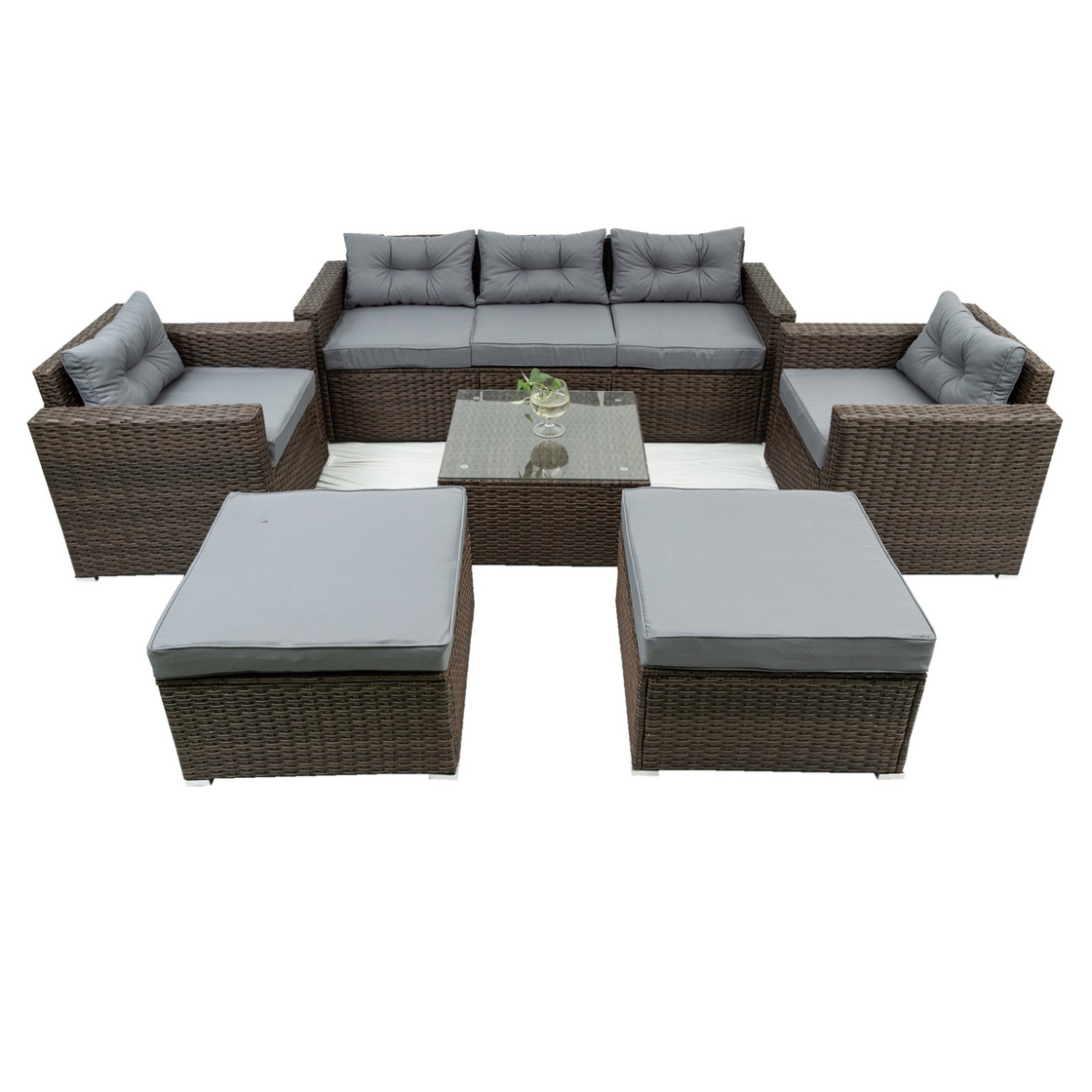 6 Piece Patio Rattan Wicker Outdoor Furniture Conversation Sofa Set with Removable Cushions and Tempered Glass Tabletop