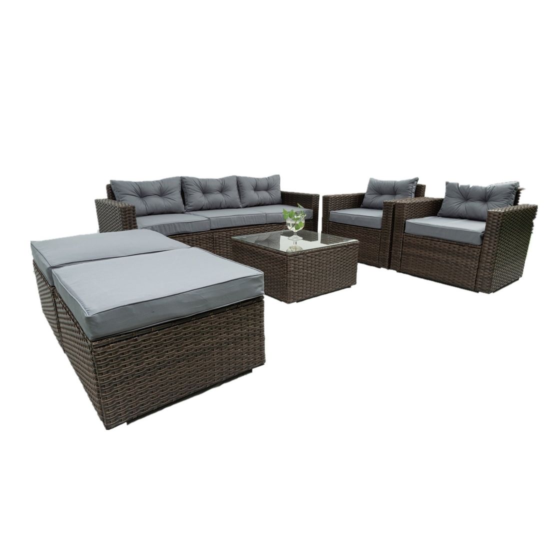 6 Piece Patio Rattan Wicker Outdoor Furniture Conversation Sofa Set with Removable Cushions and Tempered Glass Tabletop