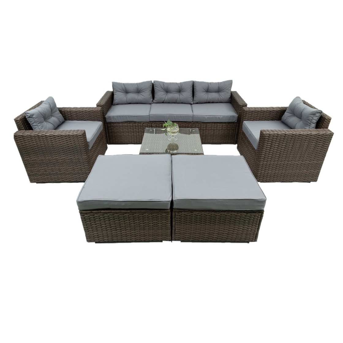 6 Piece Patio Rattan Wicker Outdoor Furniture Conversation Sofa Set with Removable Cushions and Tempered Glass Tabletop