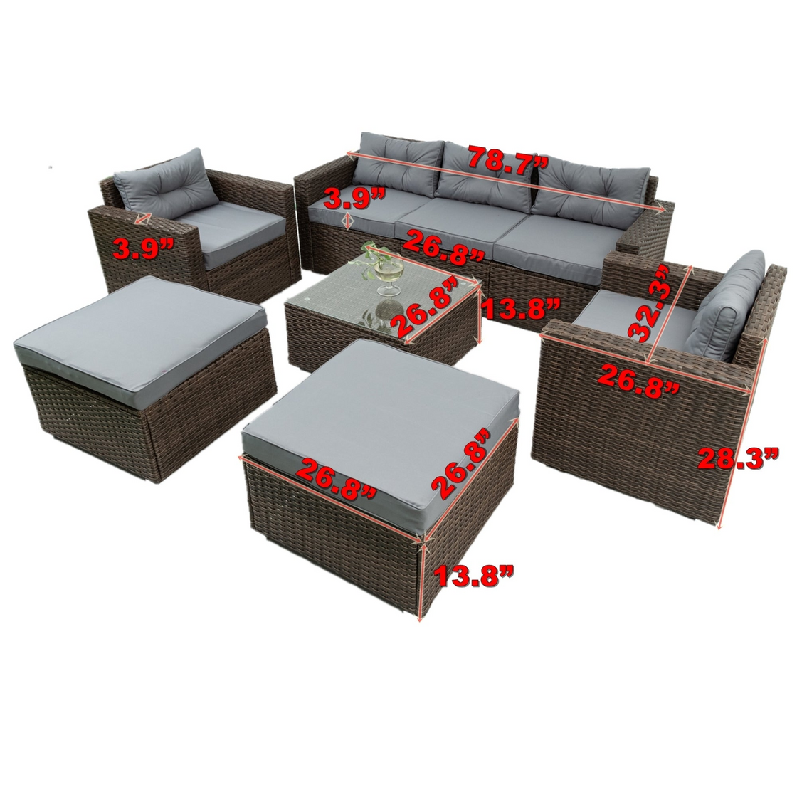 6 Piece Patio Rattan Wicker Outdoor Furniture Conversation Sofa Set with Removable Cushions and Tempered Glass Tabletop